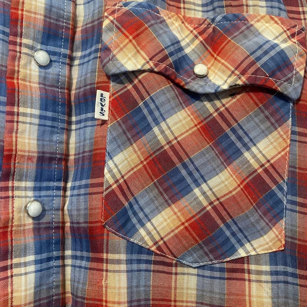 Levis Mens Vintage 70s Western Pearl Snap Plaid Shirt Red White Blue Gold